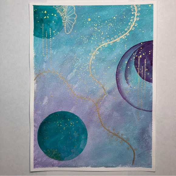 Abstract Original Watercolor Gold Leaf Floral Green & Purple Painting, 9x12 - Picture 2 of 13